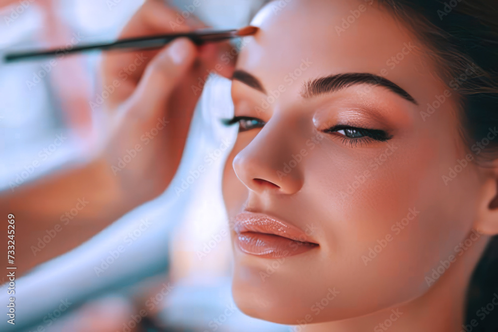 Beautician making make-up for caucasian woman in beauty salon cosmetic