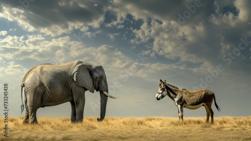 Majestic Elephant and Donkey Standing on African Plains