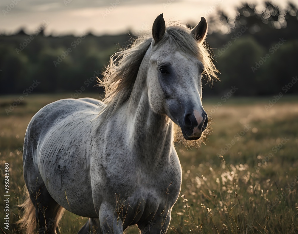 Obraz premium A Camargue horse runs in a field in the evening sun
