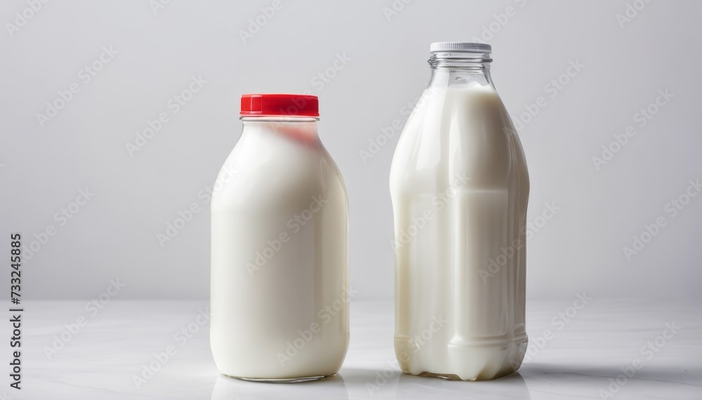 Two bottles of milk, one with a red cap and one with a white cap Two bottles of milk, one with a red cap and one with a white cap