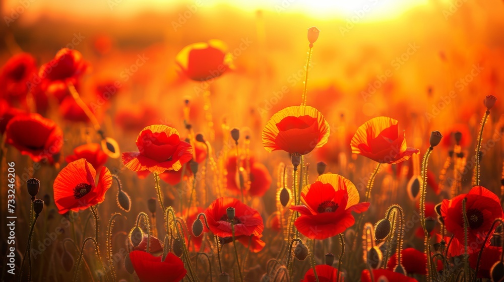 Fototapeta premium Red poppies illuminated by the fiery hues of a setting sun