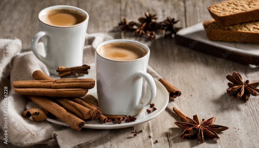 Two cups of coffee with cinnamon sticks and star anise Two cups of coffee with cinnamon sticks and star anise