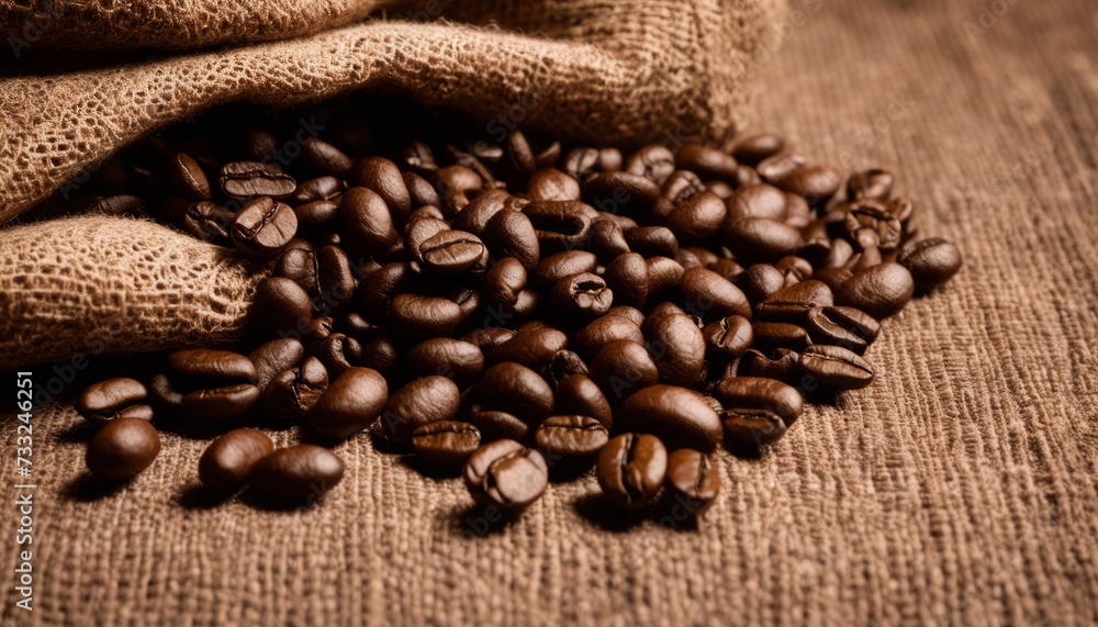 Fototapeta premium A pile of coffee beans on a brown cloth