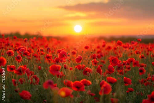 A breathtaking field of vibrant red poppies under the golden glow of a spring sunset © mikeosphoto