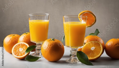 Two glasses of orange juice with oranges on a table