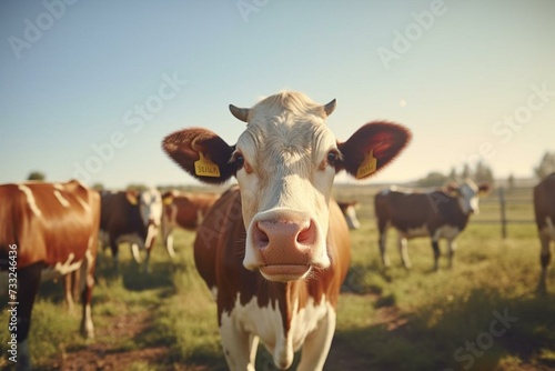 Frontal view of mature bovines on a blurry farm backdrop. Generative AI photo