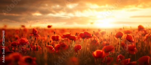 A breathtaking field of vibrant red poppies under the golden glow of a spring sunset