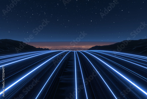 An image of a night sky with white lines and blue light.