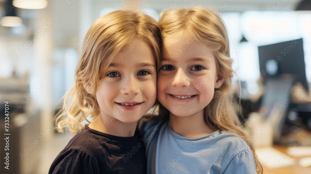 Portrait of two sisters hugging. Portrait of two sisters hugging.