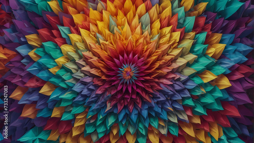 Kaleidoscopic geometric design, rainbow hues, 3D render.