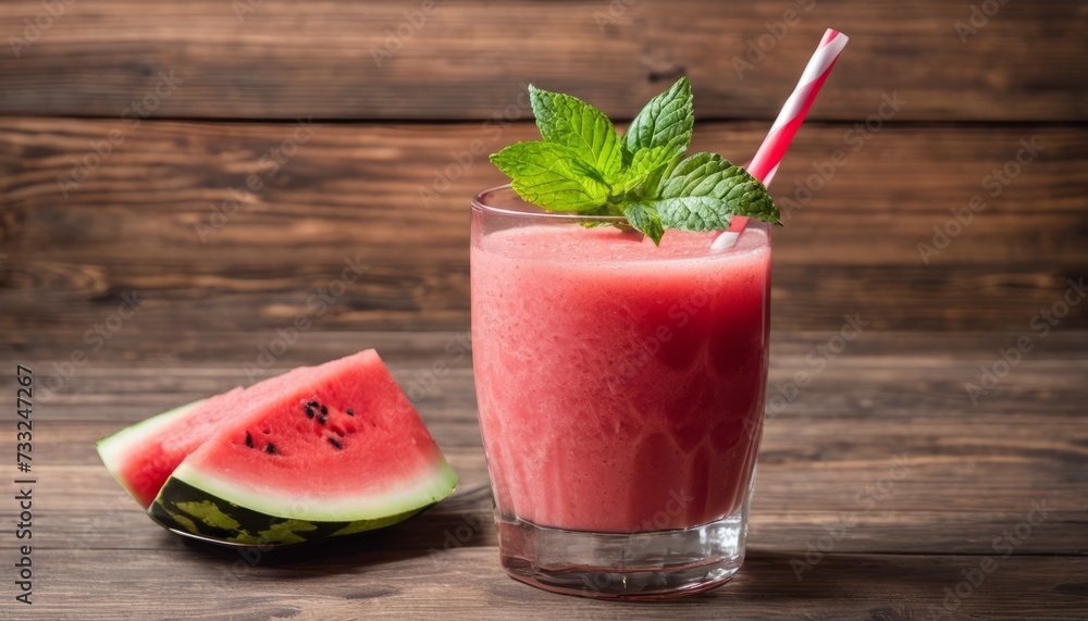 A glass of watermelon juice with a slice of watermelon on the table A glass of watermelon juice with a slice of watermelon on the table