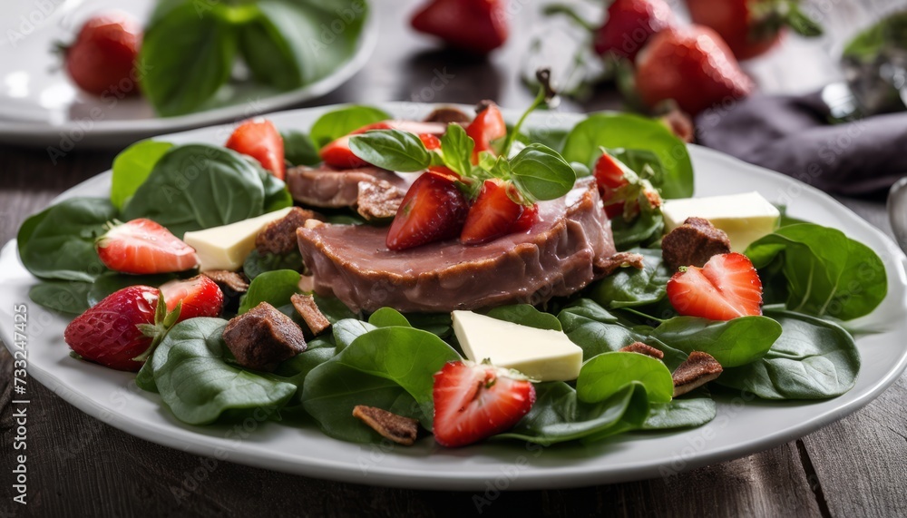 A white plate with a salad and a piece of meat A white plate with a salad and a piece of meat
