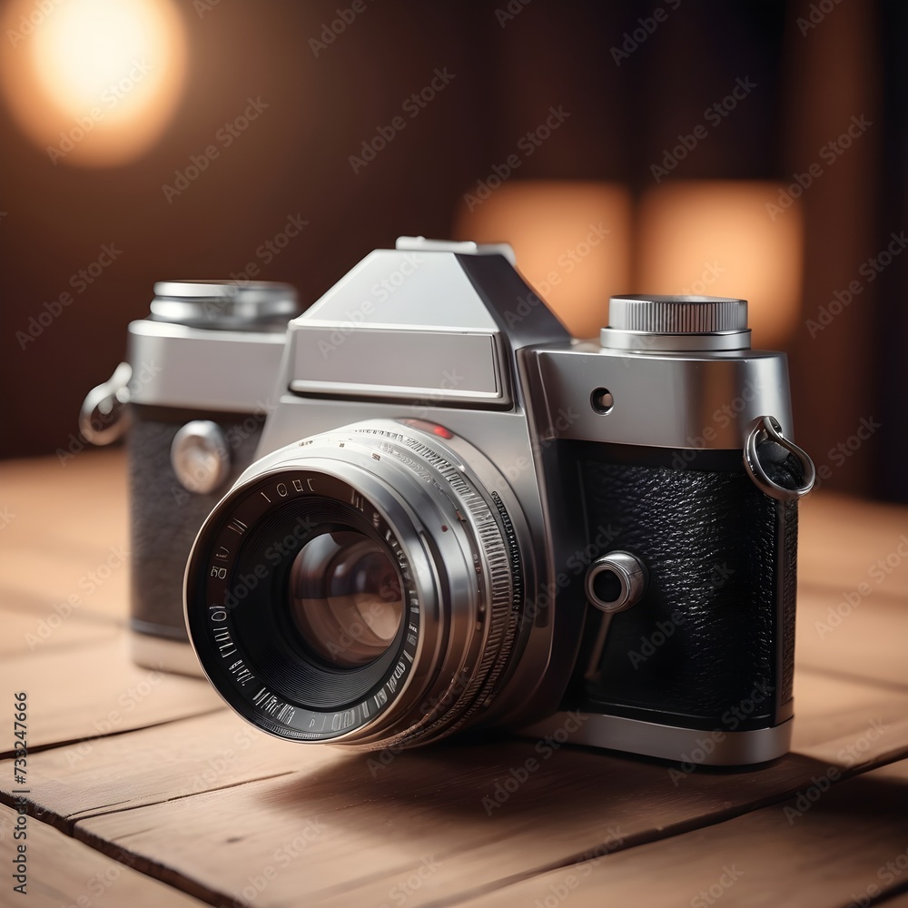 Analog camera on a wooden table with blurry background