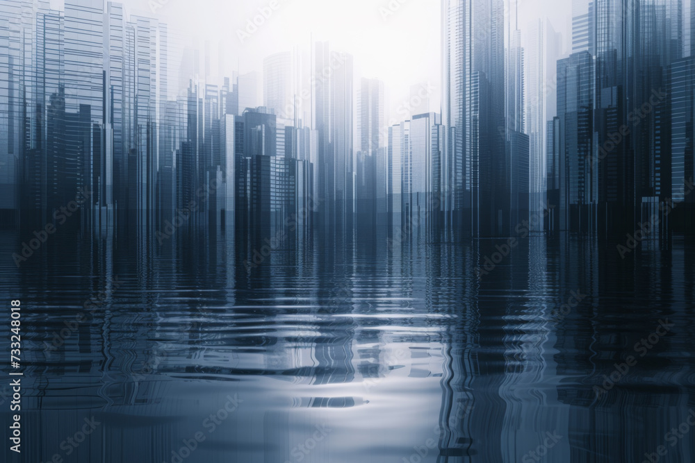 Abstract cityscape concept with buildings on dark water.