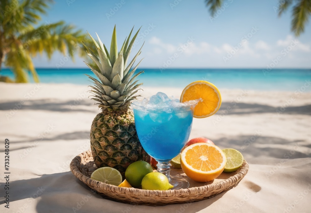 Fresh tropical iced cocktail and fruits on wicker tray stands on sand, on ocean shore in shade of palm trees. Refreshment exotic drinks. Paradise summer vacation. Generative Ai