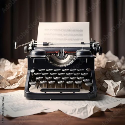 Old-fashioned typewriter surrounded by crumpled paper sheets on a wooden table