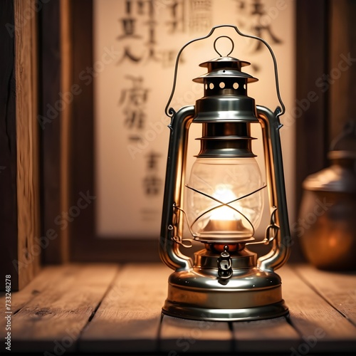 Vintage Oil Lantern on a Wooden Shelf photo