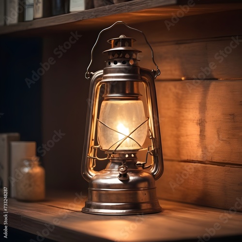 Oil lantern on a wooden shelf © Lucas