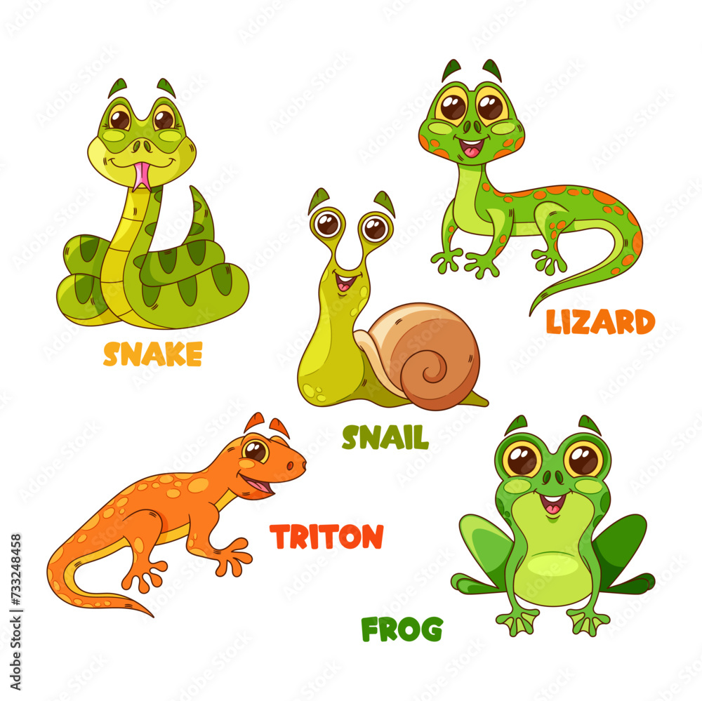 Fototapeta premium Cartoon Reptile Characters Isolated Vector Set. Snail, Snake, Triton, And Frog With Lizard Cute And Funny Personages