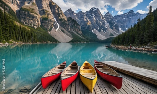 Rocky Serenity: Canoes Adorn the Tranquil Jetty of Moraine Lake photo