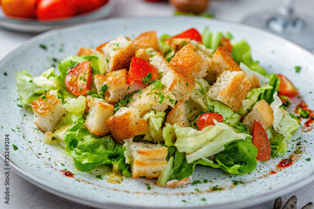 Vegetarian ceasar salad with meat free chicken pieces, croutons, cherry tomatoes and lettuce Vegetarian ceasar salad with meat free chicken pieces, croutons, cherry tomatoes and lettuce