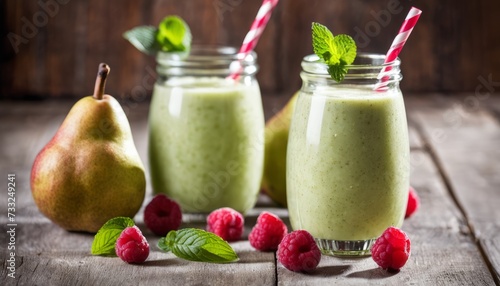 Two glasses of green smoothie with straws and raspberries