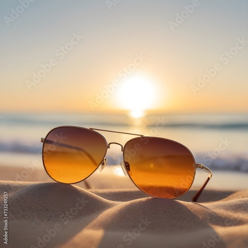Sunglasses Reflecting the Setting Sun on a Blurry Beach © Lucas