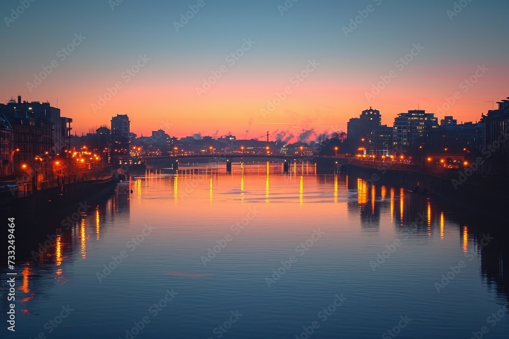 Mirrored Cityscape on the River at Dawn