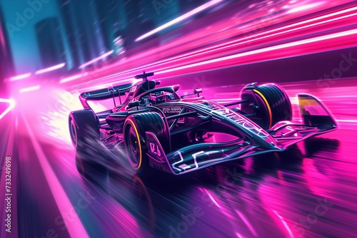 car racing at high speed with neon lights.