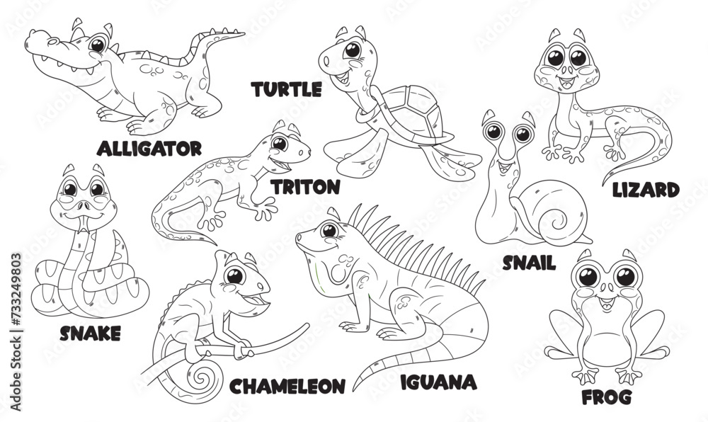 Cartoon Reptile Characters Isolated Vector Monochrome Outline Icons Set. Alligator, Turtle, Snail and Snake, Chameleon