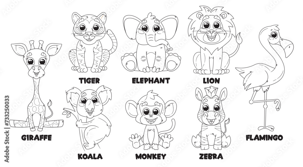 Cartoon African Animals Characters Isolated Outline Monochrome Vector Icons Set. Giraffe, Tiger, Lion, Elephant, Koala