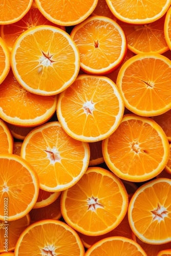 A colorful arrangement of halved oranges stacked together.