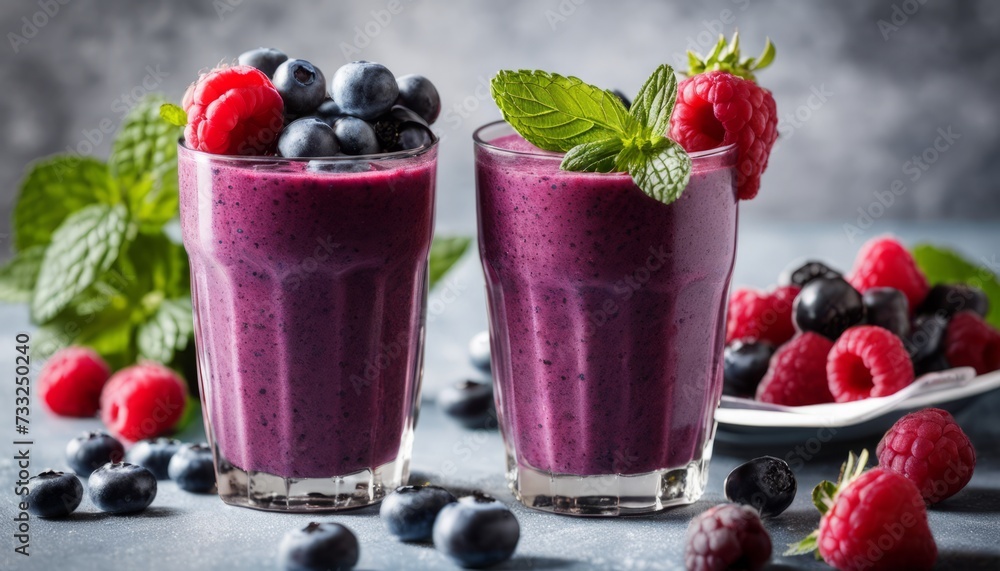 Two glasses of blueberry smoothie with raspberries and mint Two glasses of blueberry smoothie with raspberries and mint