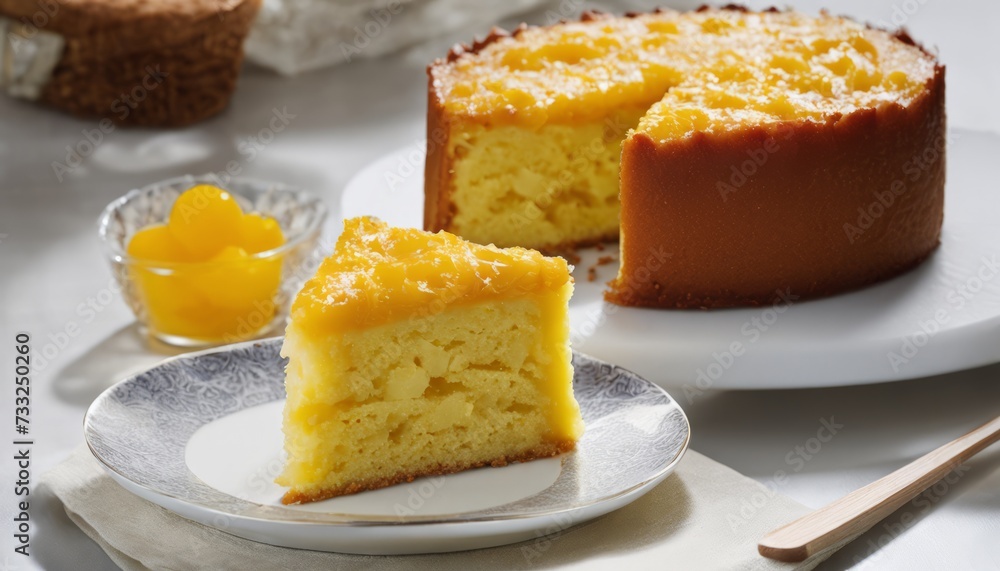 A slice of yellow cake on a white plate A slice of yellow cake on a white plate