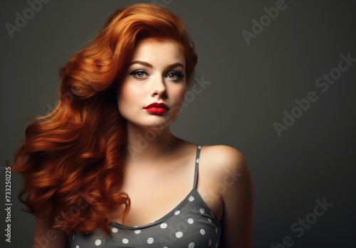 A photo of a woman with vibrant red hair wearing a polka dot top.