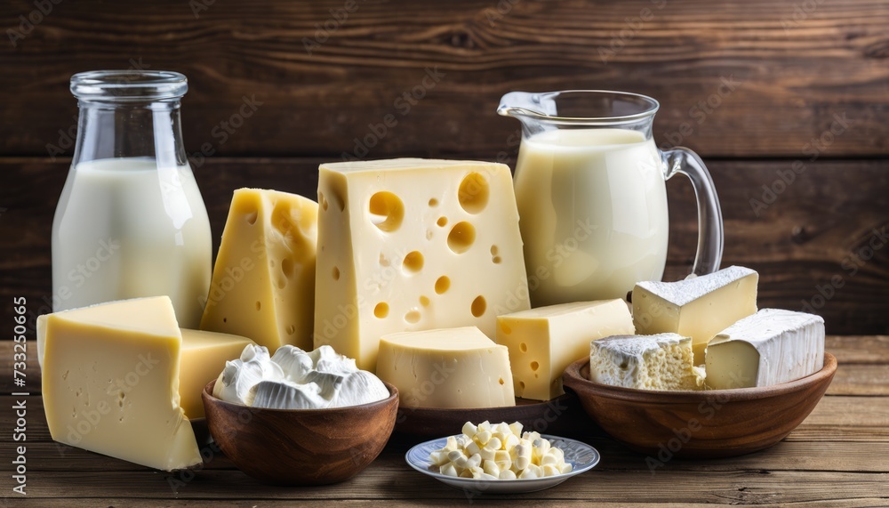 A wooden table with cheese, milk, and butter A wooden table with cheese, milk, and butter