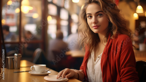 A woman is seen sitting at a table, holding a cup of coffee.
