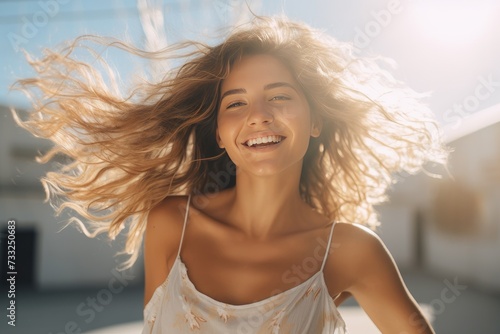 A woman stands with her hair flowing in the wind, creating a dynamic and energetic visual.