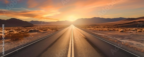close up Asphalt highway with sky bakcground at bright sunset photo