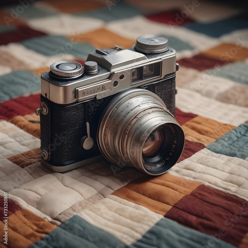 Vintage camera with colorful patchwork blanket