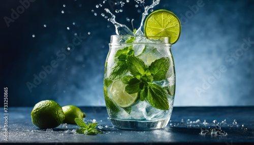 A glass of water with a lime wedge and a sprig of mint