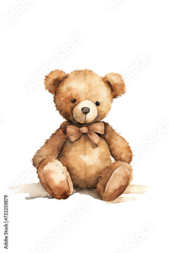 Cute teddy bear isolated on white background, digital watercolour of a retro style soft toy with bow.