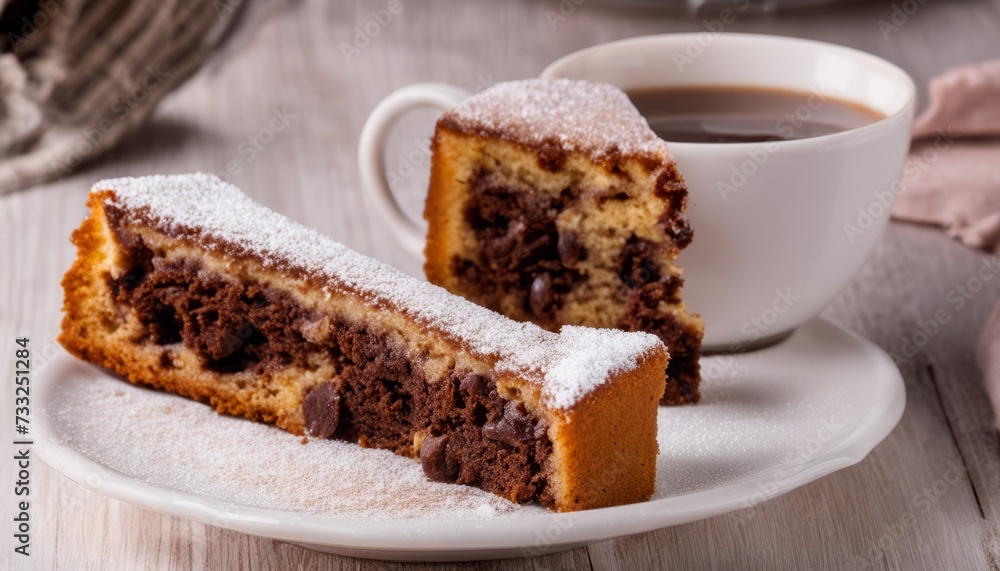 A piece of cake on a plate with powdered sugar and a cup of coffee A piece of cake on a plate with powdered sugar and a cup of coffee
