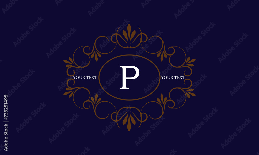 Logo template with monogram element and letter P in the center. Sophisticated ornament for restaurant, club, boutique, cafe, hotel cards. Vector illustration