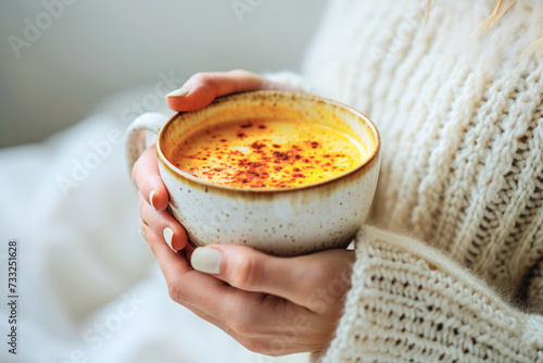 Cup of turmeric latte or golden milk in woman's hands close-up, healthy trendy drink