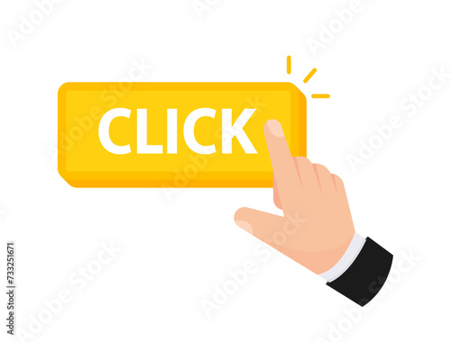 Vector illustration of a hand pointing to a vibrant yellow Click button, signifying a call to action