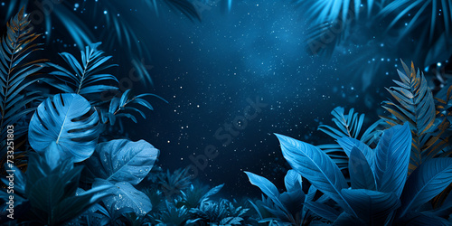 Step into nature's canvas with a Collection of tropical leave Blue space background complements the botanical beauty, Collection of tropical leaves foliage plant in blue Generative Ai