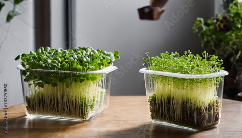 Two containers of sprouts growing on a table
