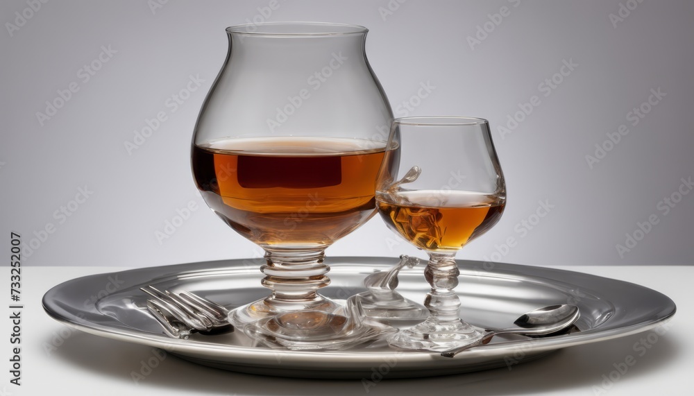 A glass of wine and a shot of whiskey on a plate A glass of wine and a shot of whiskey on a plate