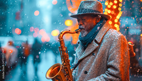 Musician playing saxophone on the city street  night and raining  April  jazz appreciation month